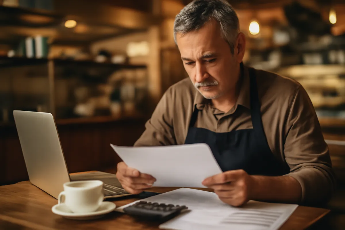A restaurant owner reviewing a loan application and financing documents on a laptop with a calculator, restaurant kitchen equipment blurred behind