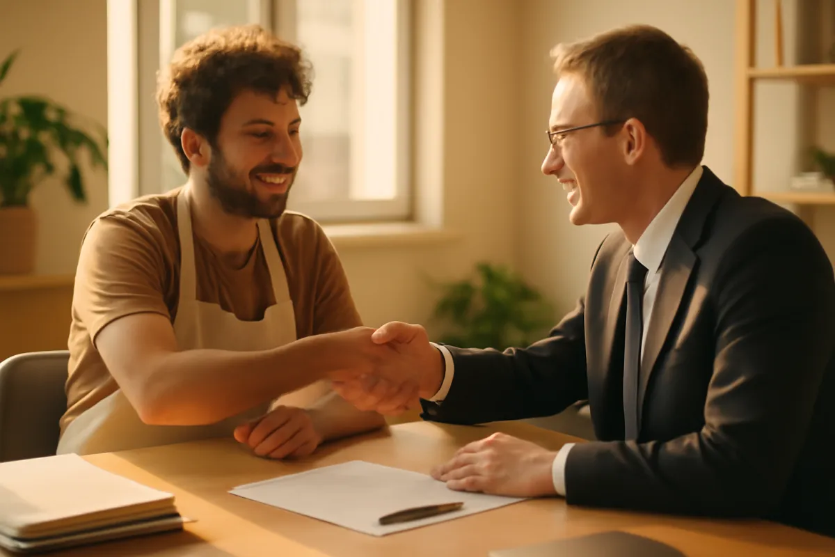 A small business owner and a lender shaking hands across a desk after signing loan documents in a bright office with warm amber daylight