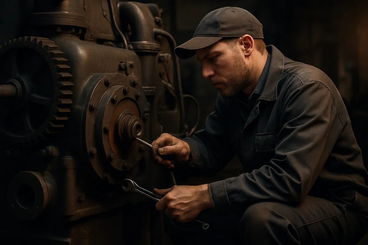 A technician servicing a large industrial machine with tools