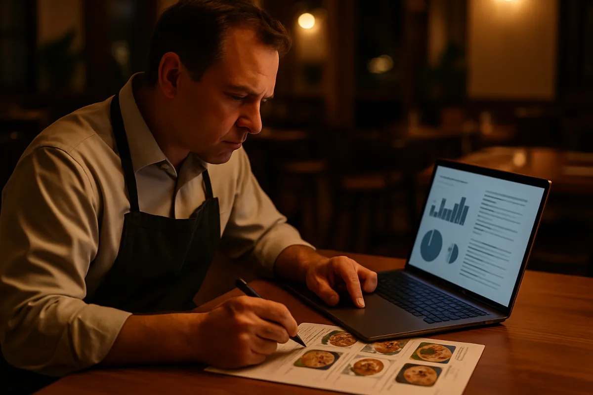 A restaurant manager reviewing a sales report and a menu on a laptop at a dining table, marking the best-selling dishes