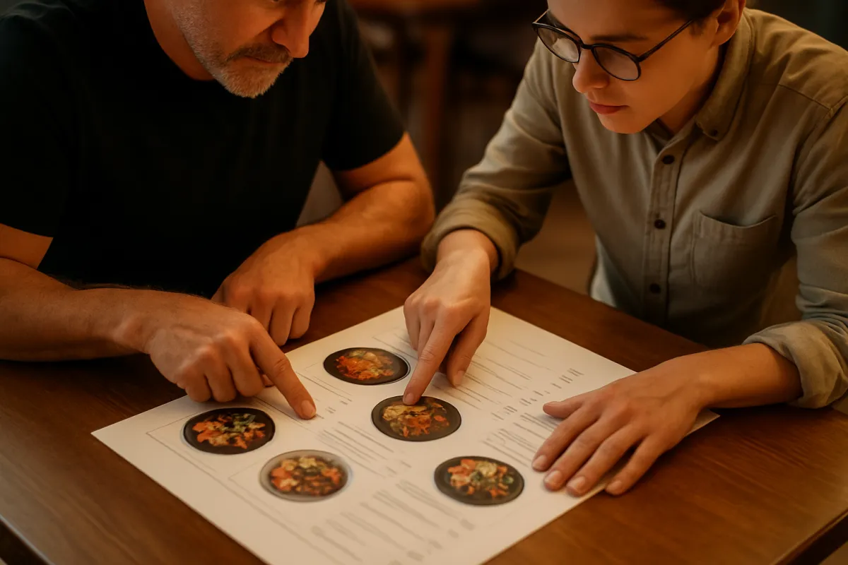 A restaurant owner and a designer reviewing a printed menu layout on a table, arranging dish positions and prices