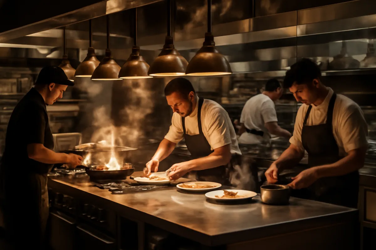 An open restaurant kitchen during service where cooks work multiple stations, the environment a kitchen display system coordinates by routing tickets