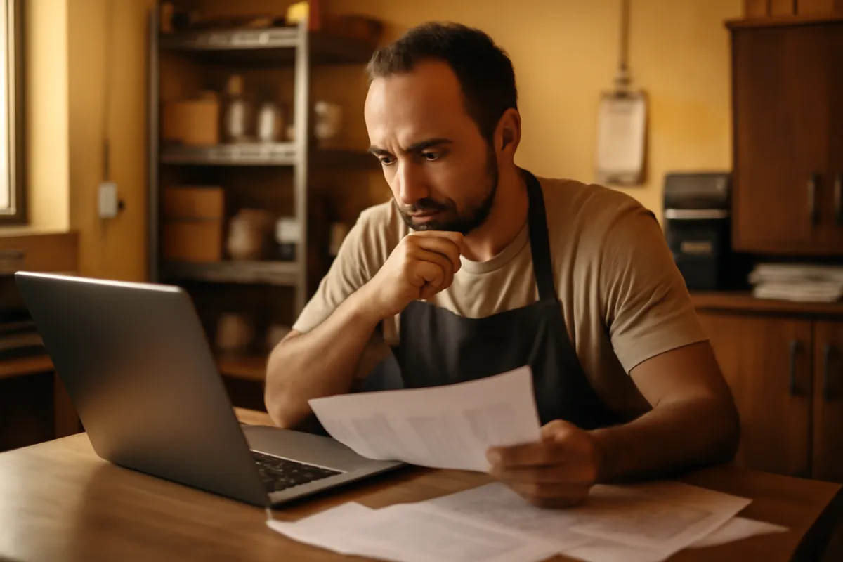 A coffee shop owner at a back-office desk reviewing financial figures on a laptop and paper spreadsheets