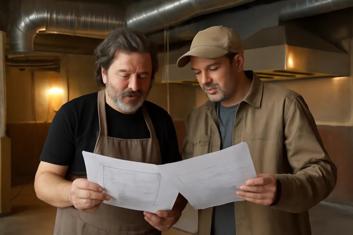 A restaurant owner and a contractor reviewing floor plans and permit paperwork inside an empty restaurant space under construction with a kitchen hood being installed