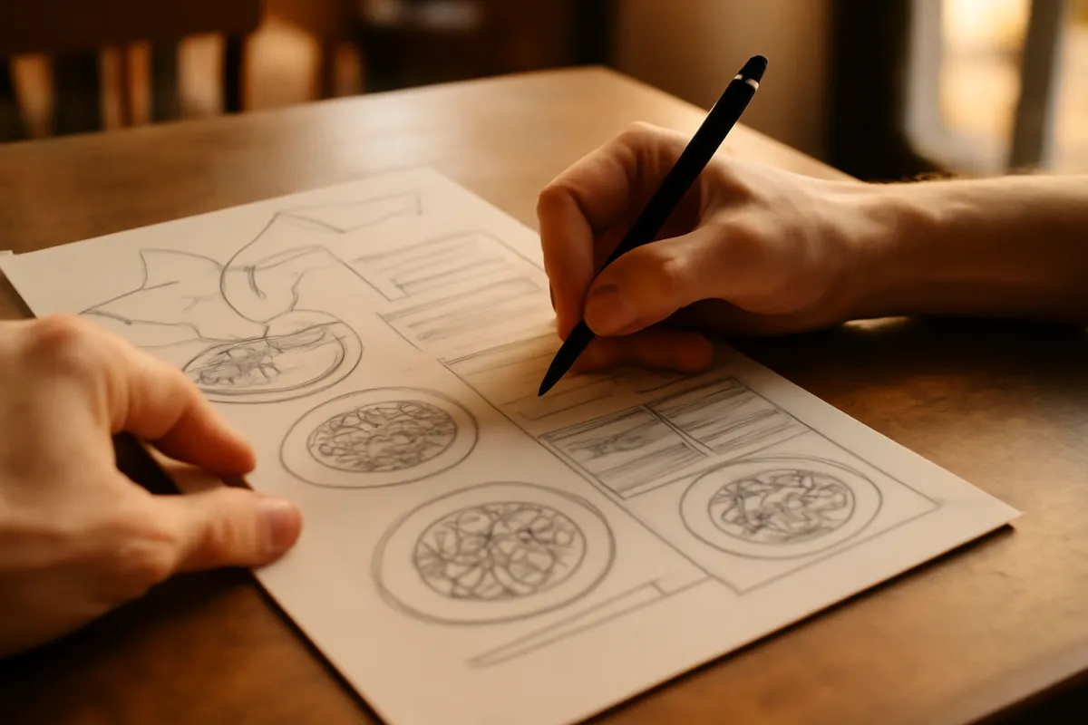 Hands drafting a restaurant concept and a menu on paper with dish sketches and a pen on a warmly lit cafe table