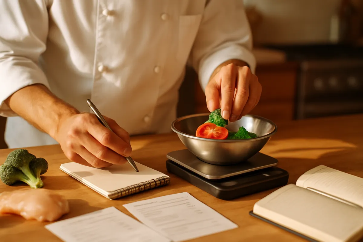 A chef weighing a portion on a kitchen scale beside recipe cards, standardizing portions to bring food cost back to target
