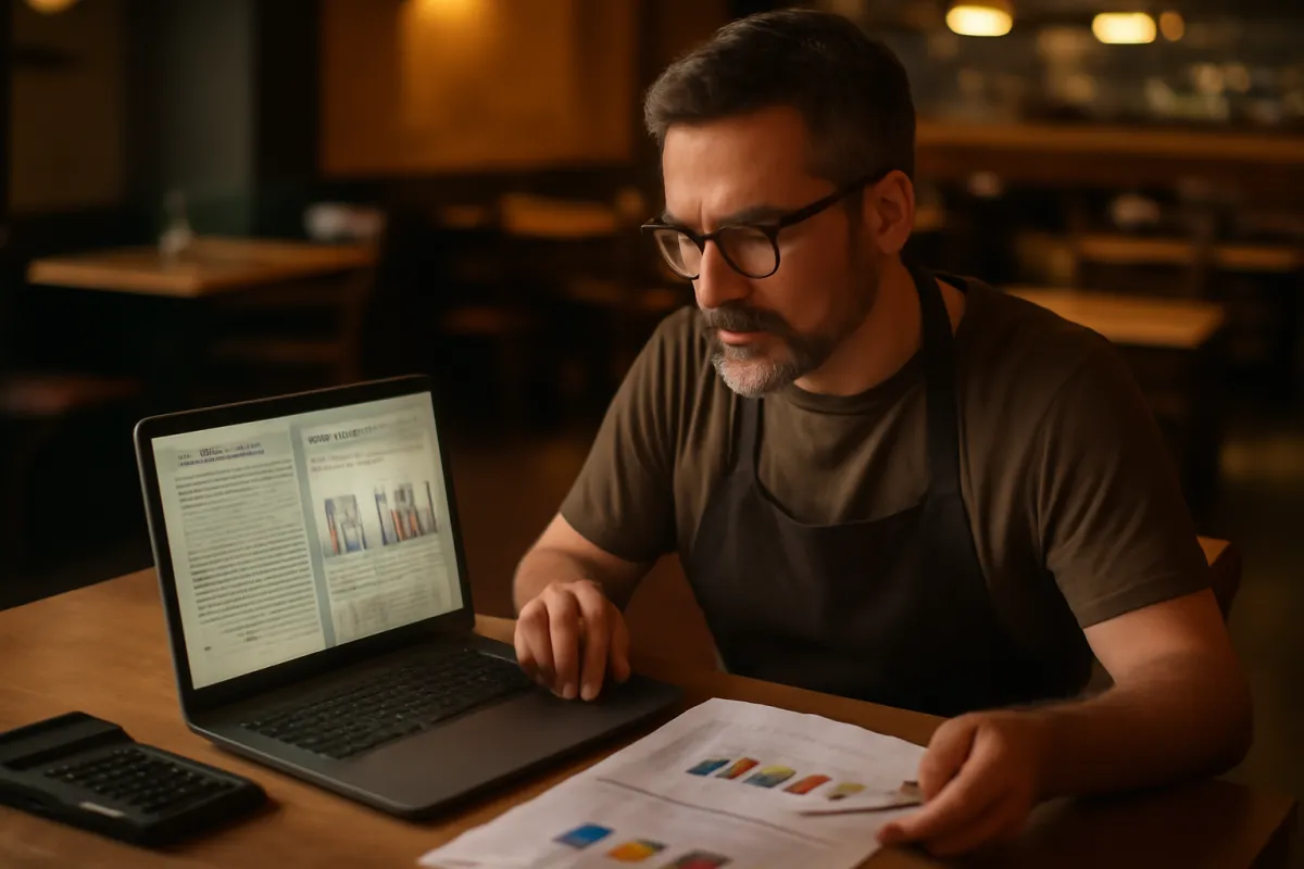A restaurant owner reviewing profit-and-loss projections and financial charts on paper and a laptop at a table
