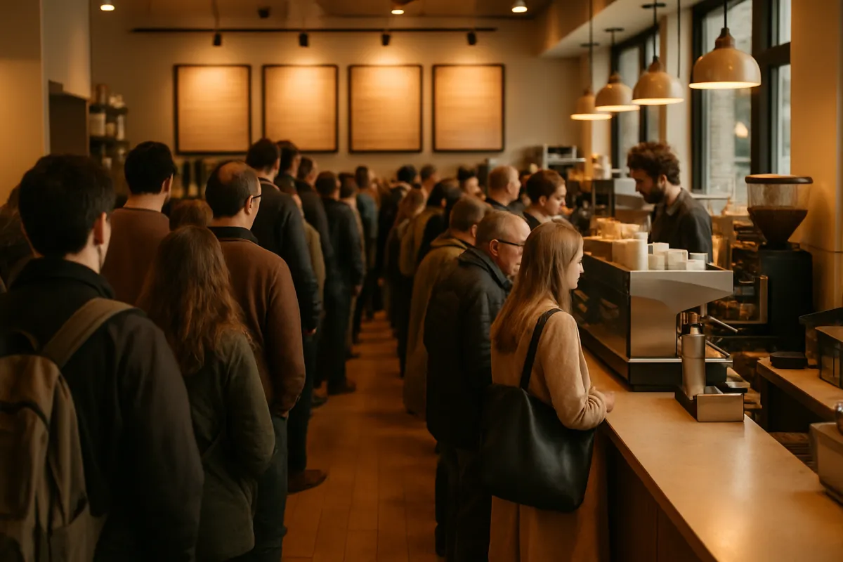 A long morning queue of customers at a cafe counter