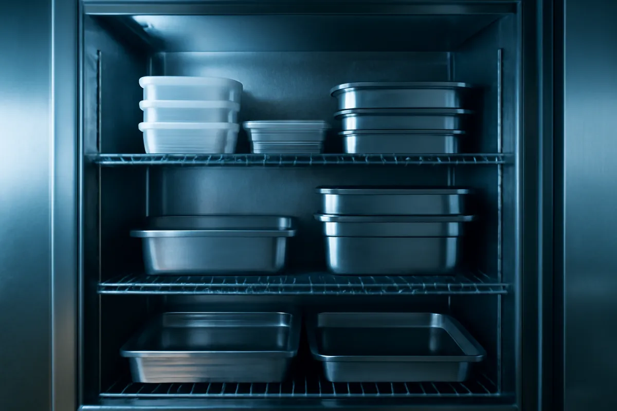 A cook checking and counting stock in a stainless reach-in refrigerator, valuing the remaining food at the end of a period
