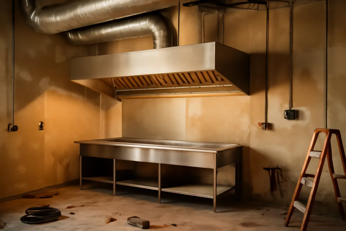 A commercial restaurant kitchen mid-buildout with bare walls, exposed stainless steel ductwork, and a new ventilation hood being installed over an empty cooking line