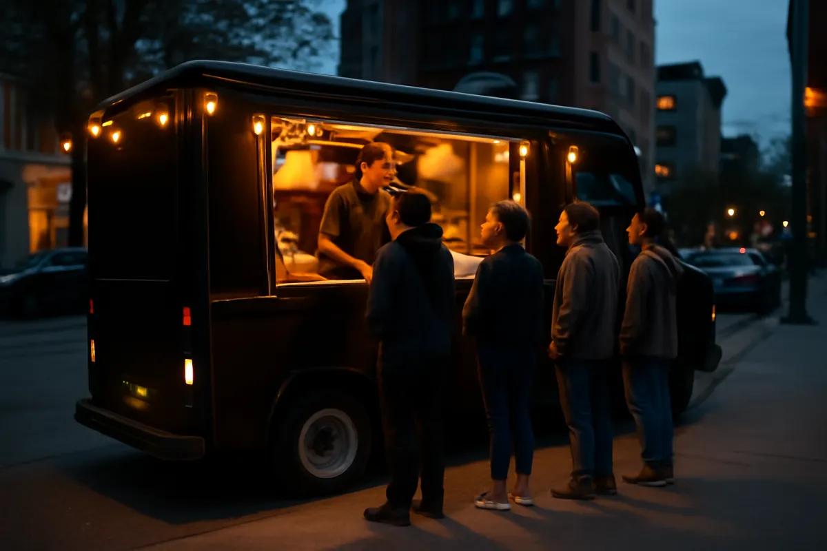 A food truck service window in a tight space where a compact handheld or tablet POS replaces a full fixed terminal