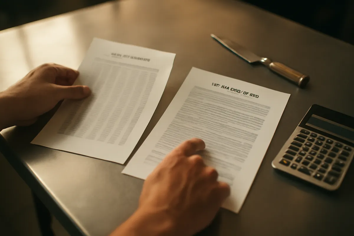 Two hands comparing a loan schedule and a lease agreement side by side on a stainless steel restaurant counter next to a calculator