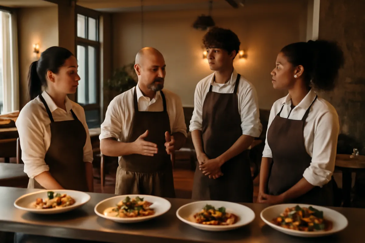 A small restaurant team gathered for a pre-shift briefing during a soft opening, with plates of food on the pass in a warmly lit dining room