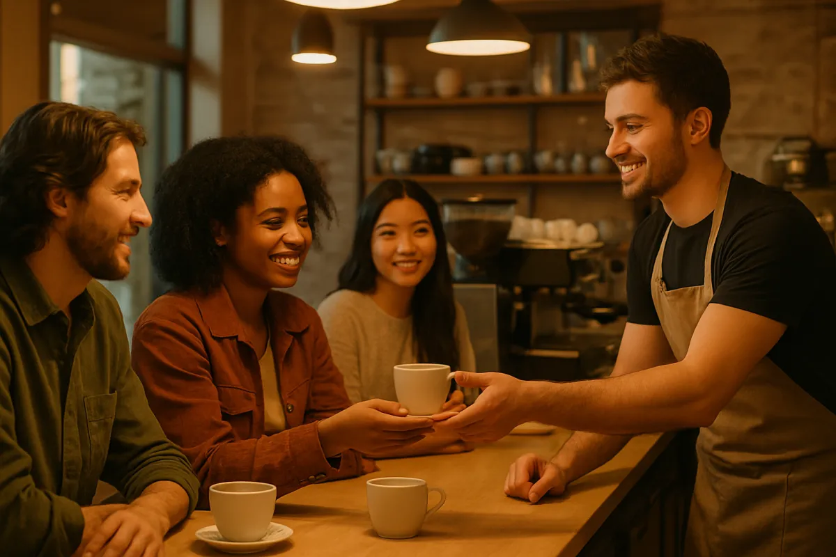 A small friendly group at a coffee shop counter during a soft opening as a barista hands over a cup in warm inviting light