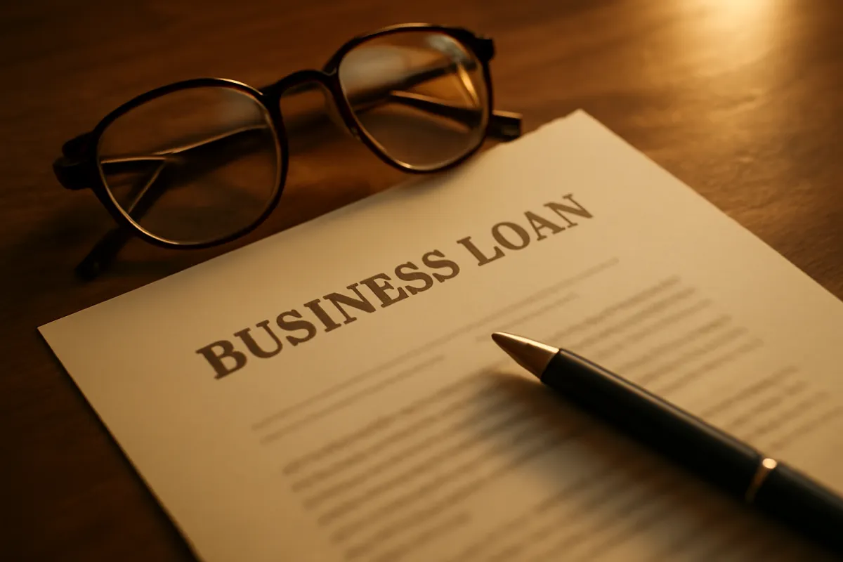 A business loan contract with a pen and reading glasses resting on a desk in warm light