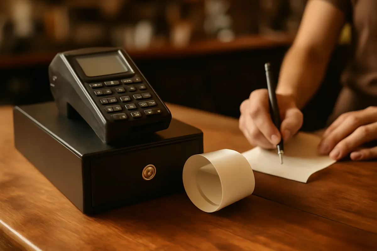 A printed receipt tape and a daily sales report on a restaurant counter, the kind of end-of-day summary a POS produces automatically