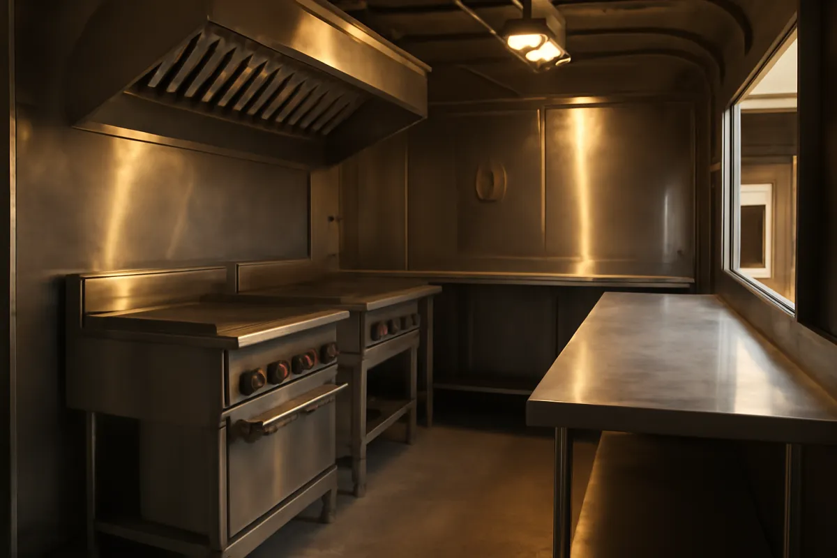The stainless steel interior of a food truck mid build-out with cooking equipment and a prep counter partially installed and a ventilation hood overhead