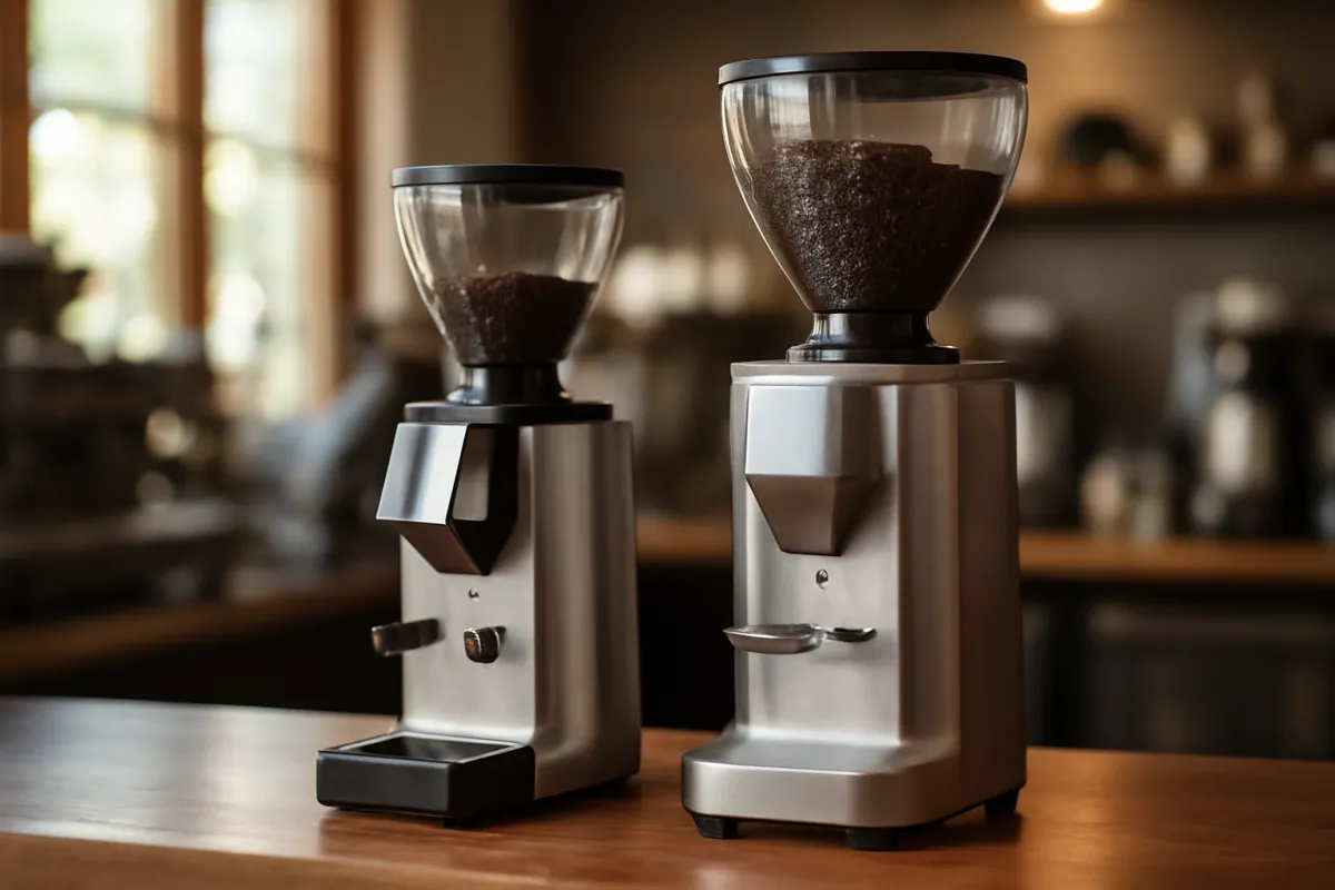 Two commercial coffee grinders side by side on a cafe espresso bar, an on-demand espresso grinder and a taller bulk hopper grinder