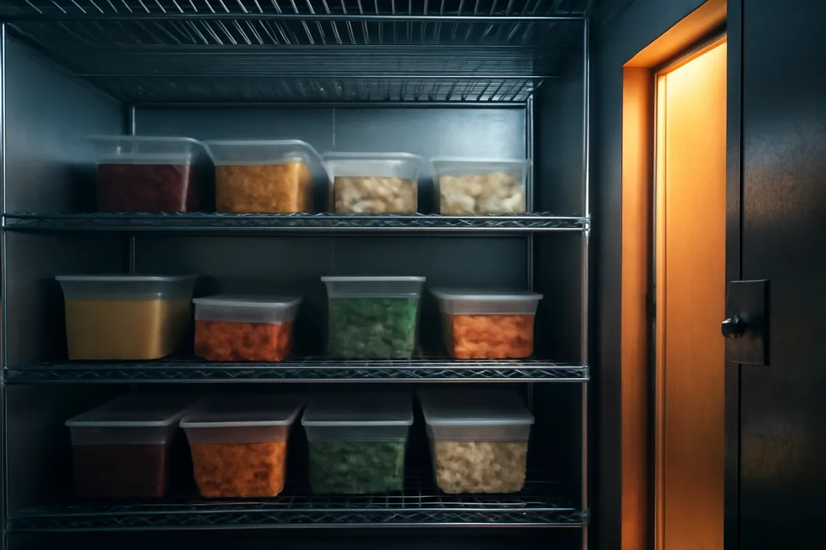 A restaurant manager counting stock on shelves in a walk-in cooler with a clipboard to take a food inventory in warm focused light