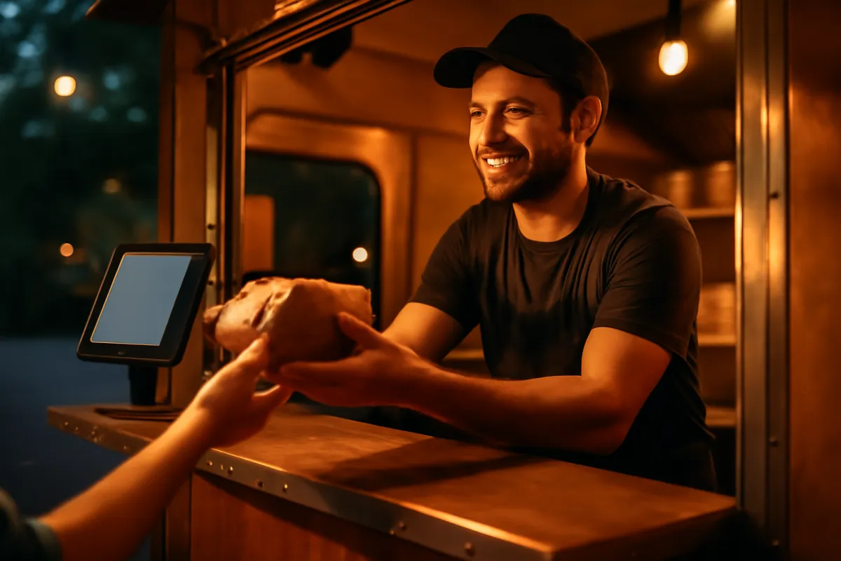 A food truck service window where a chef hands a wrapped meal to a customer next to a mounted card payment tablet in warm evening light