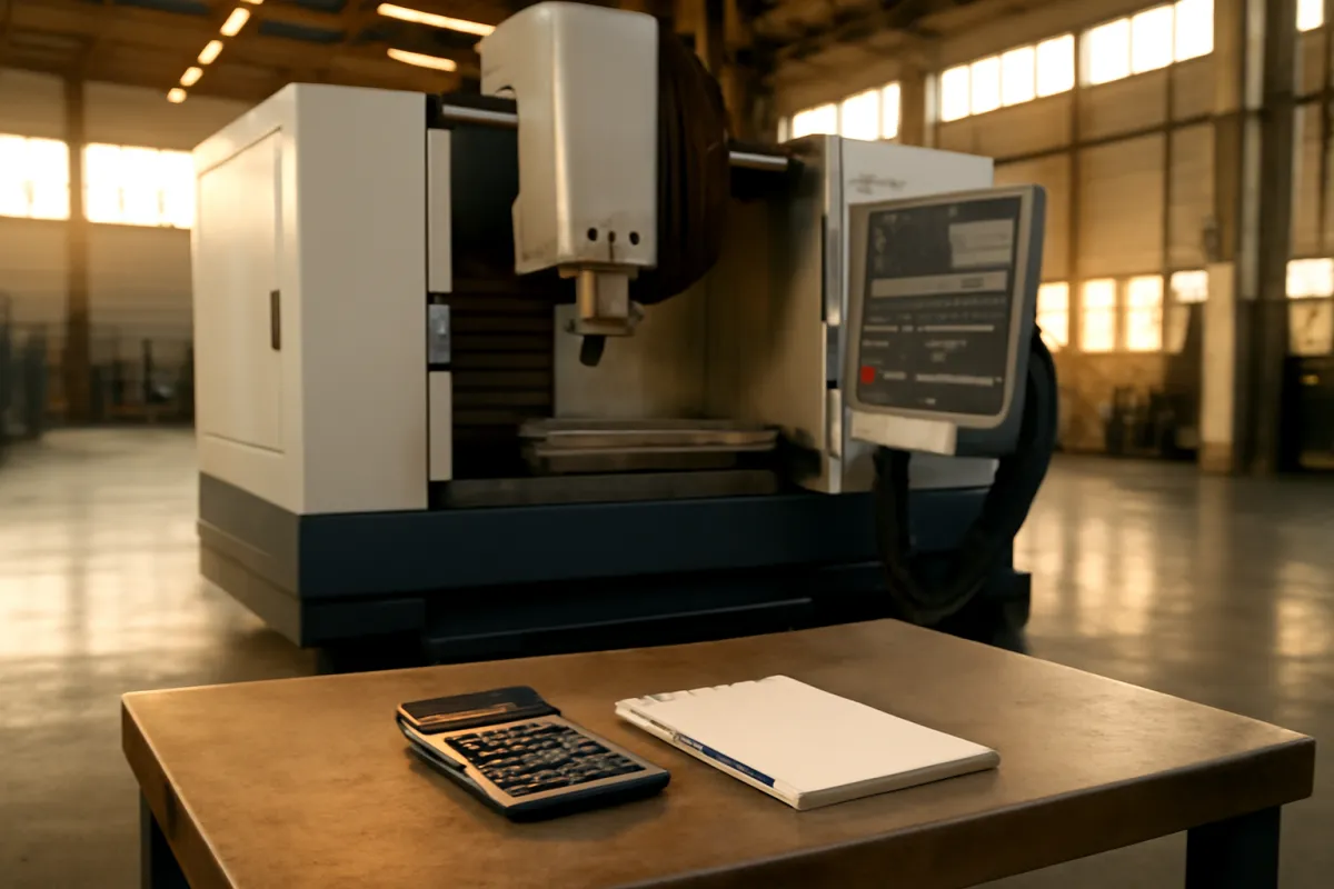 A large industrial machine on a factory floor with a calculator and notepad on a workbench in the foreground