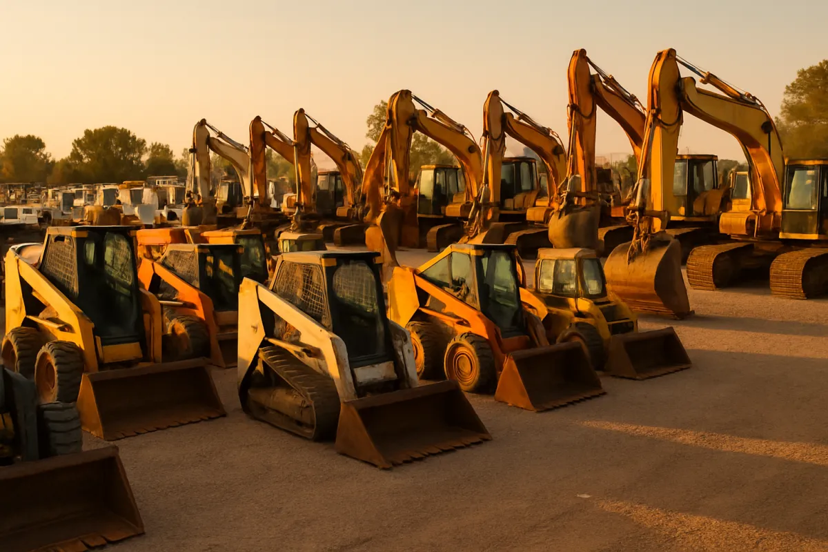 Rows of used commercial machines lined up in an outdoor equipment yard in morning light