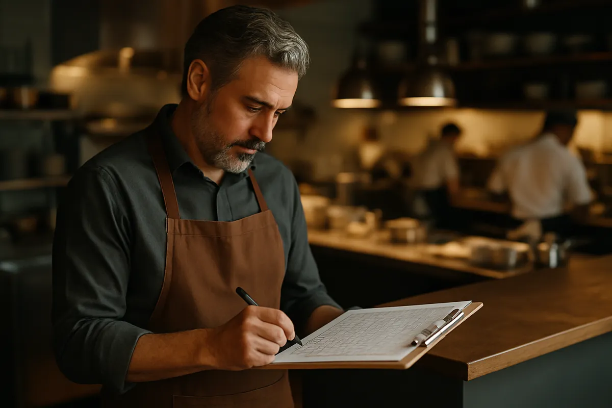 A manager in an apron writing on a clipboard at a kitchen pass while two cooks work at the line behind him