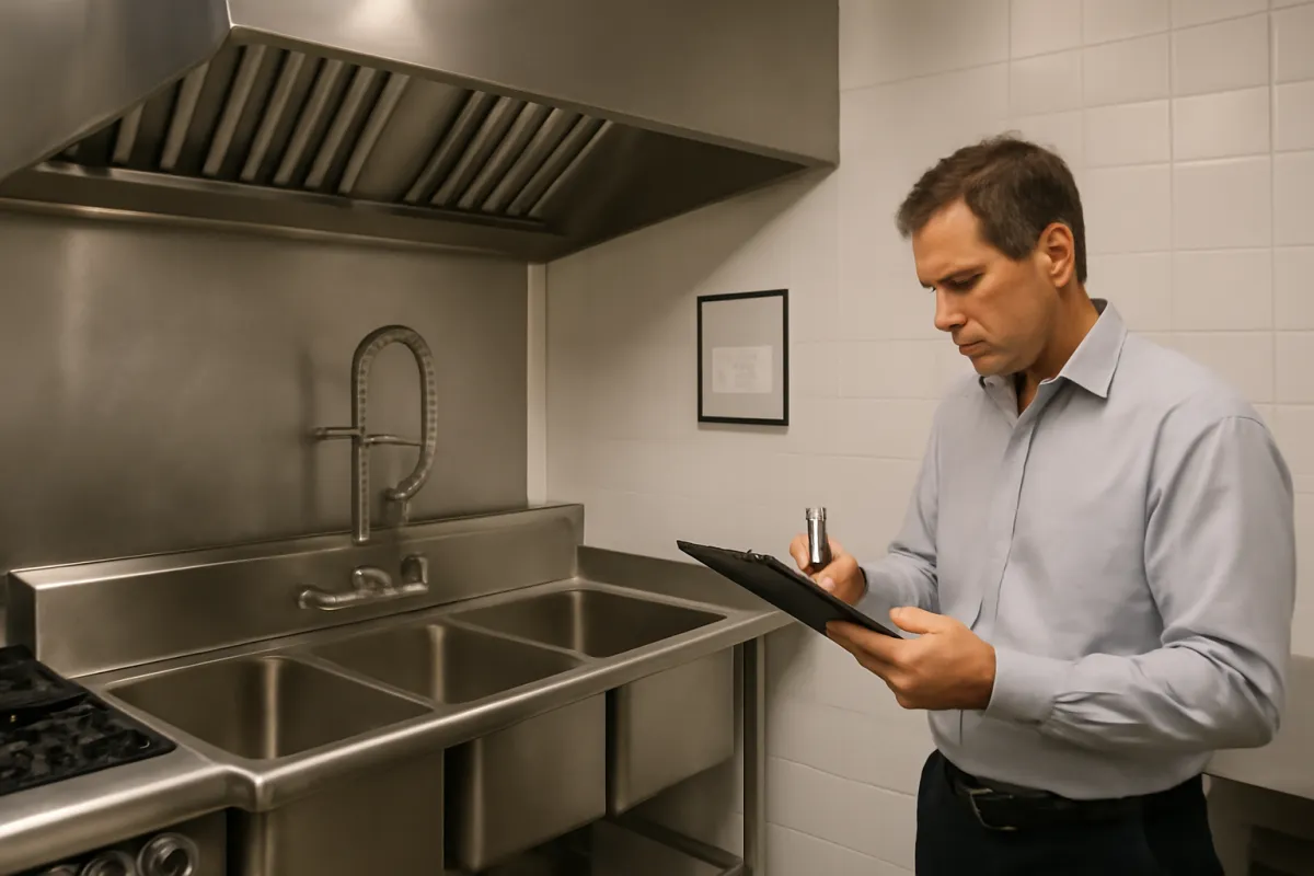 A health inspector in a dress shirt reviewing a clipboard checklist beside a commercial kitchen's stainless three-compartment sink and exhaust hood