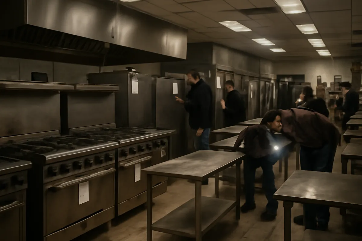 Buyers with flashlights inspecting used commercial ranges, prep tables, and tagged refrigeration units in a dim equipment liquidation warehouse